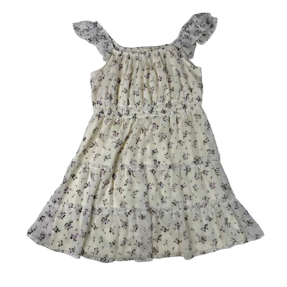 Babydoll Floral Mini Dress XL Ivory Lavender Coquette Cottagecore Tiered Ruffle - Picture 3 of 16